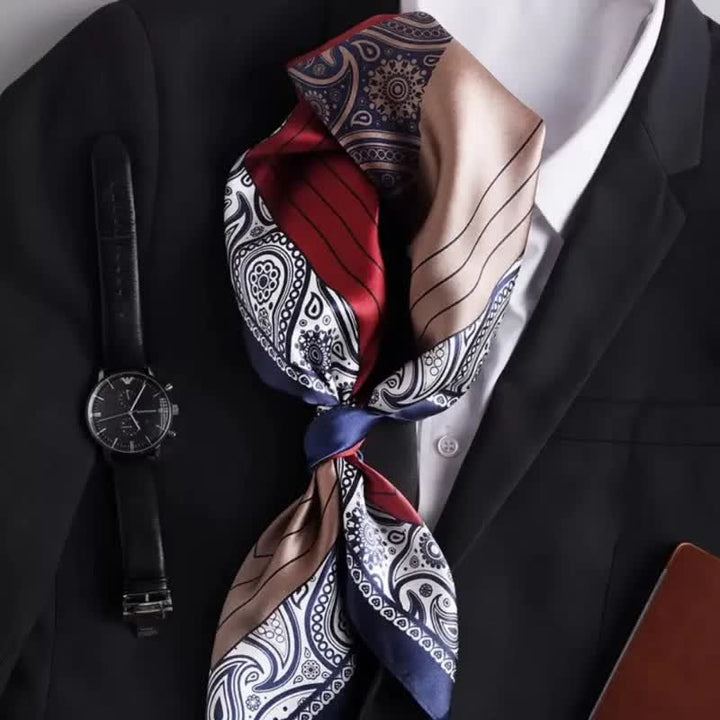 Sciarpa quadrata in seta imitata con elegante motivo Paisley da uomo, in tinta unita