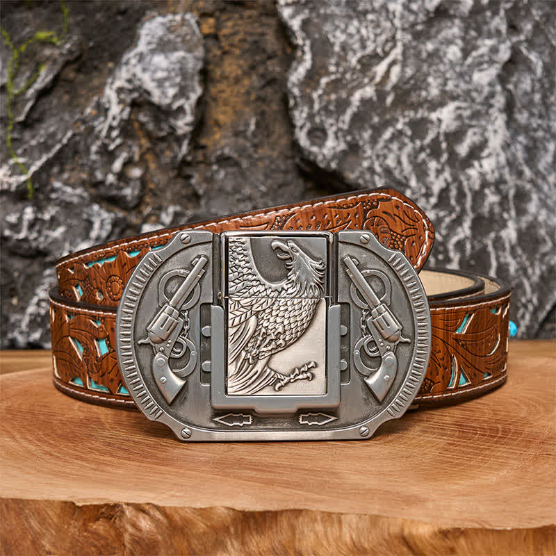 Cintura in pelle fai da te Silver Eagle Guns da uomo con accendino nascosto - Aquila - Cintura intagliata turchese - 42 - image 3