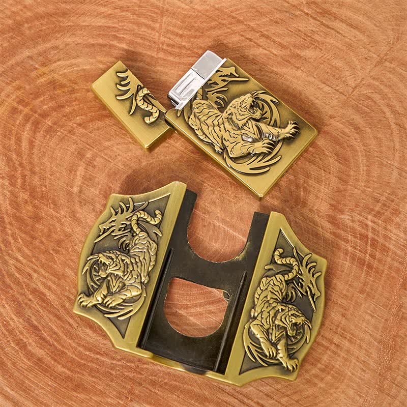 Cintura da uomo in pelle fai da te con tripla tigre in bronzo e accendino nascosto