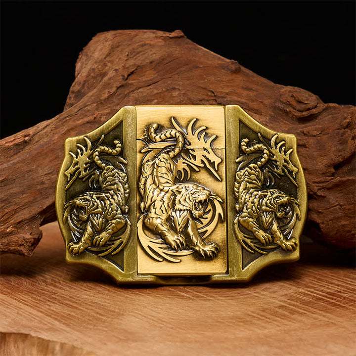 Cintura da uomo in pelle fai da te con tripla tigre in bronzo e accendino nascosto