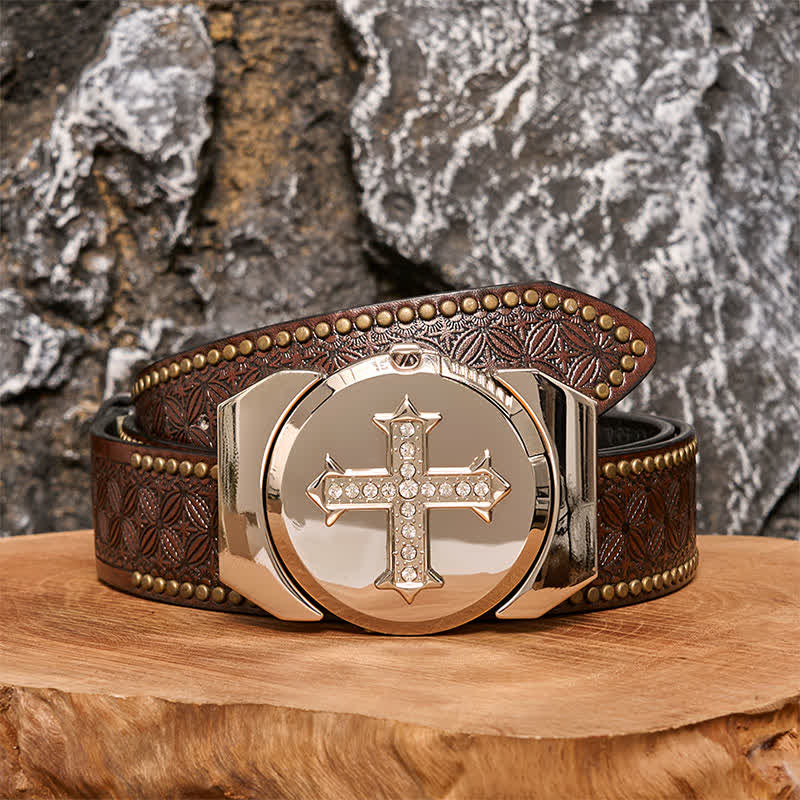 Cintura in pelle bronzo con strass a croce fai da te da uomo con accendino nascosto - Attraverso - Cintura con rivetti marroni - 42 - image 6
