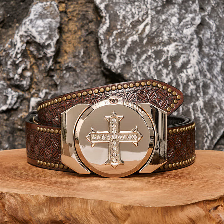 Cintura in pelle bronzo con strass a croce fai da te da uomo con accendino nascosto - Attraverso - Cintura con rivetti marroni - 42 - image 6