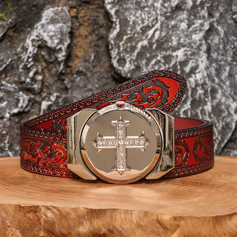 Cintura in pelle bronzo con strass a croce fai da te da uomo con accendino nascosto