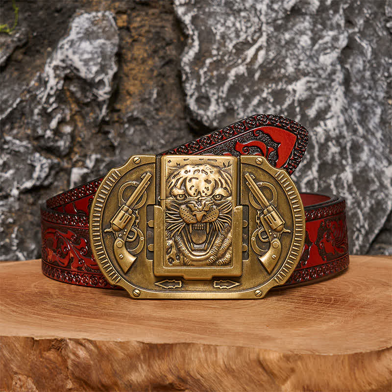 Cintura in pelle da uomo fai da te con tigre in bronzo e accendino nascosto