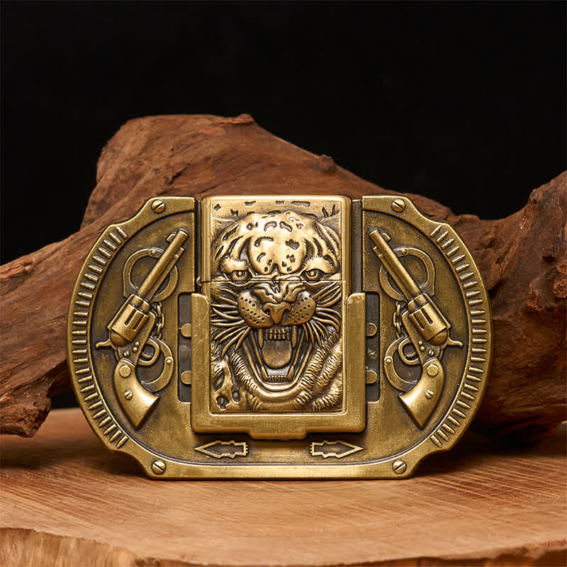 Cintura in pelle da uomo fai da te con tigre in bronzo e accendino nascosto - Tigre - Senza cintura - Cintura non inclusa - image 0