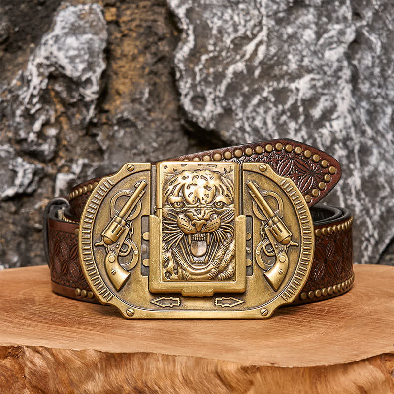 Cintura in pelle da uomo fai da te con tigre in bronzo e accendino nascosto