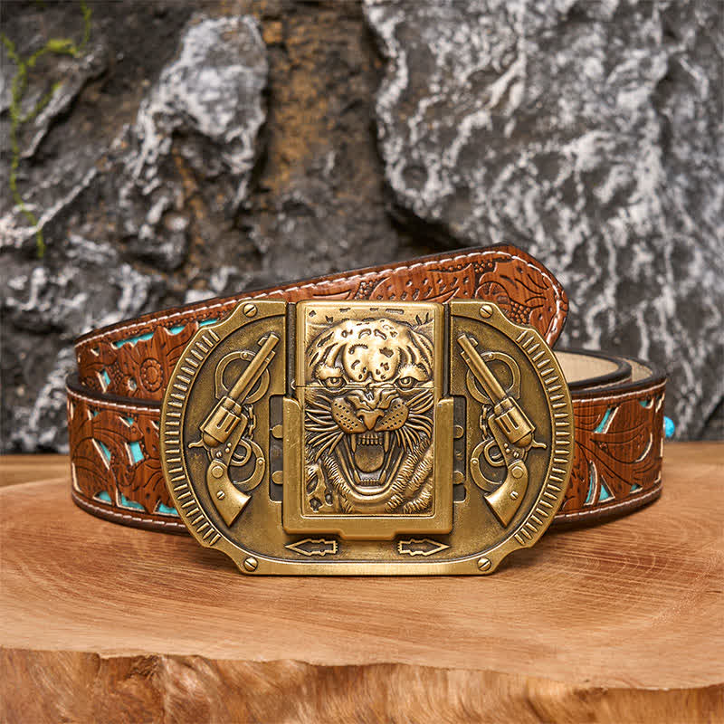 Cintura in pelle da uomo fai da te con tigre in bronzo e accendino nascosto