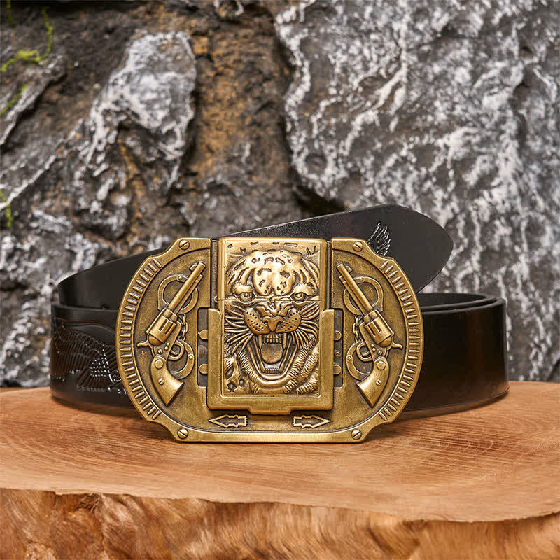 Cintura in pelle da uomo fai da te con tigre in bronzo e accendino nascosto