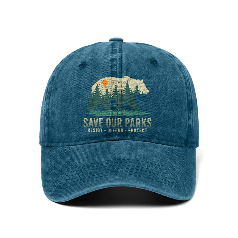 Cappellino da baseball regolabile in denim lavato con scritta "Forest Bear Save Our Parks"