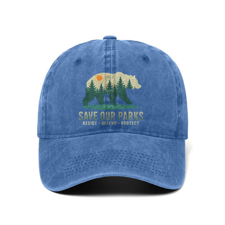 Cappellino da baseball regolabile in denim lavato con scritta "Forest Bear Save Our Parks"
