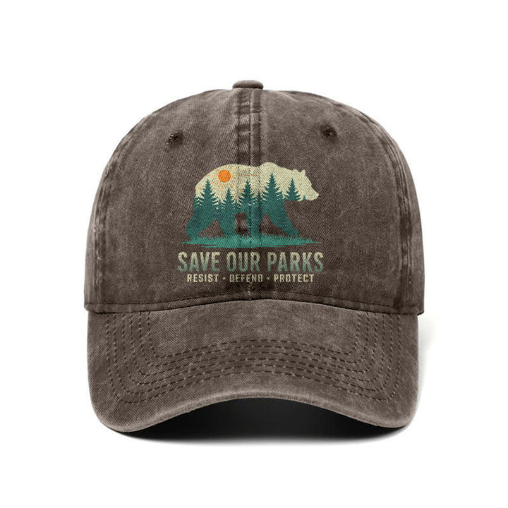 Cappellino da baseball regolabile in denim lavato con scritta "Forest Bear Save Our Parks"