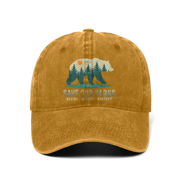Cappellino da baseball regolabile in denim lavato con scritta "Forest Bear Save Our Parks"