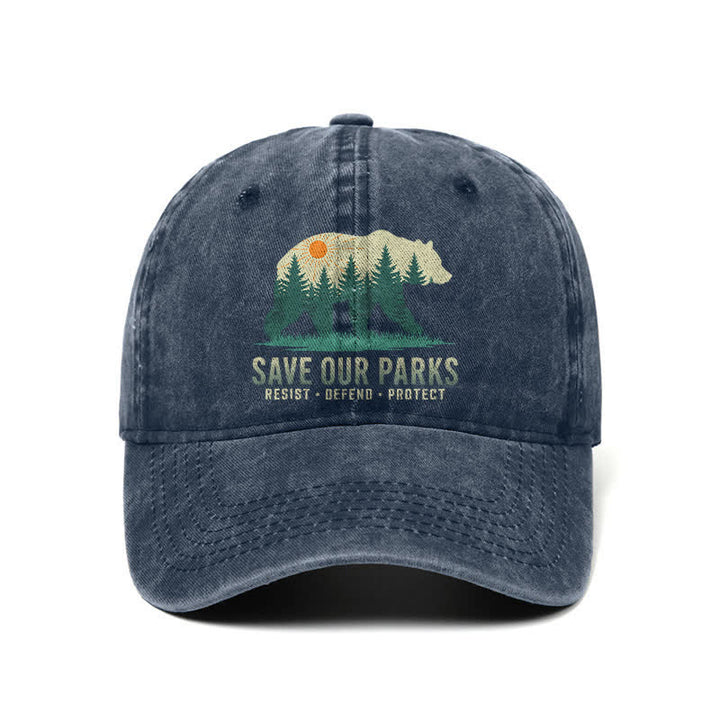 Cappellino da baseball regolabile in denim lavato con scritta "Forest Bear Save Our Parks"