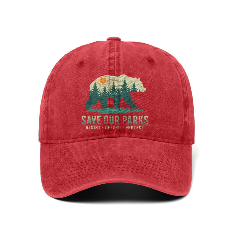 Cappellino da baseball regolabile in denim lavato con scritta "Forest Bear Save Our Parks"