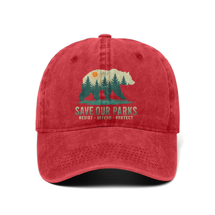 Cappellino da baseball regolabile in denim lavato con scritta "Forest Bear Save Our Parks"