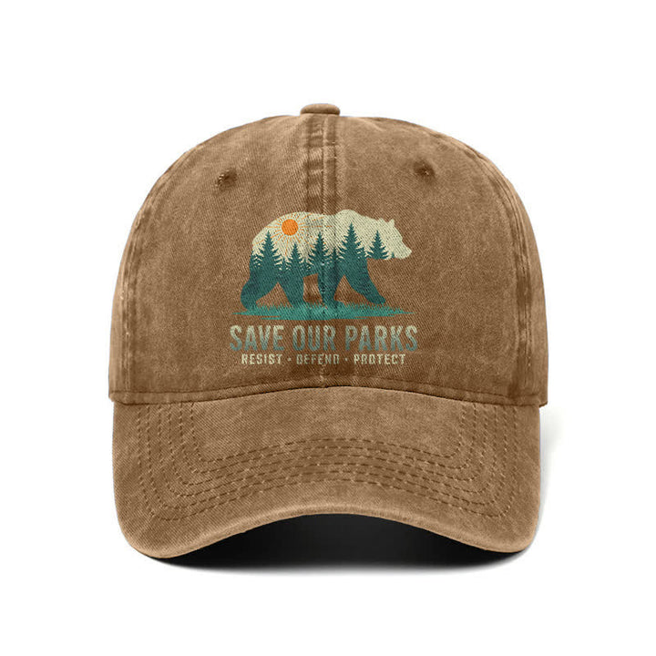 Cappellino da baseball regolabile in denim lavato con scritta "Forest Bear Save Our Parks"
