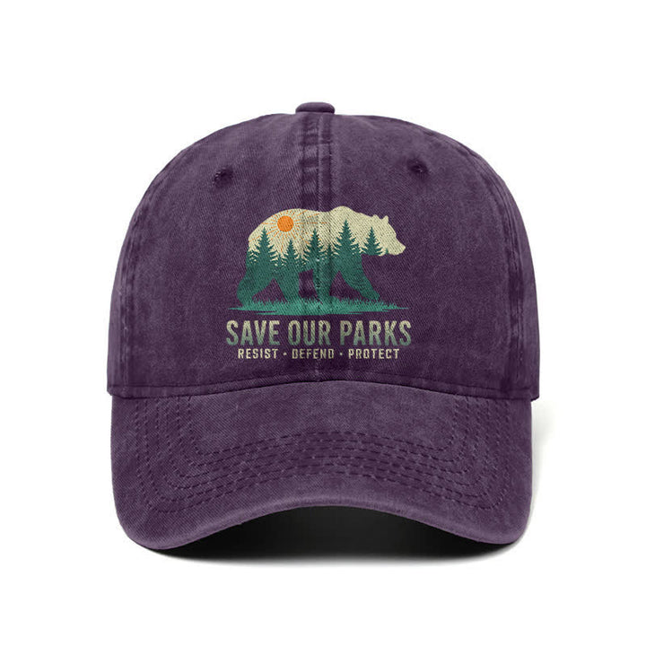 Cappellino da baseball regolabile in denim lavato con scritta "Forest Bear Save Our Parks"