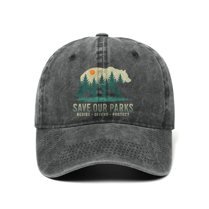 Cappellino da baseball regolabile in denim lavato con scritta "Forest Bear Save Our Parks"