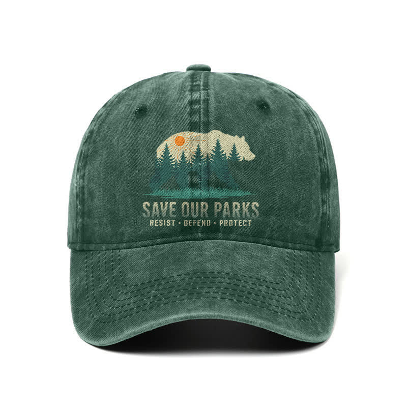 Cappellino da baseball regolabile in denim lavato con scritta "Forest Bear Save Our Parks"