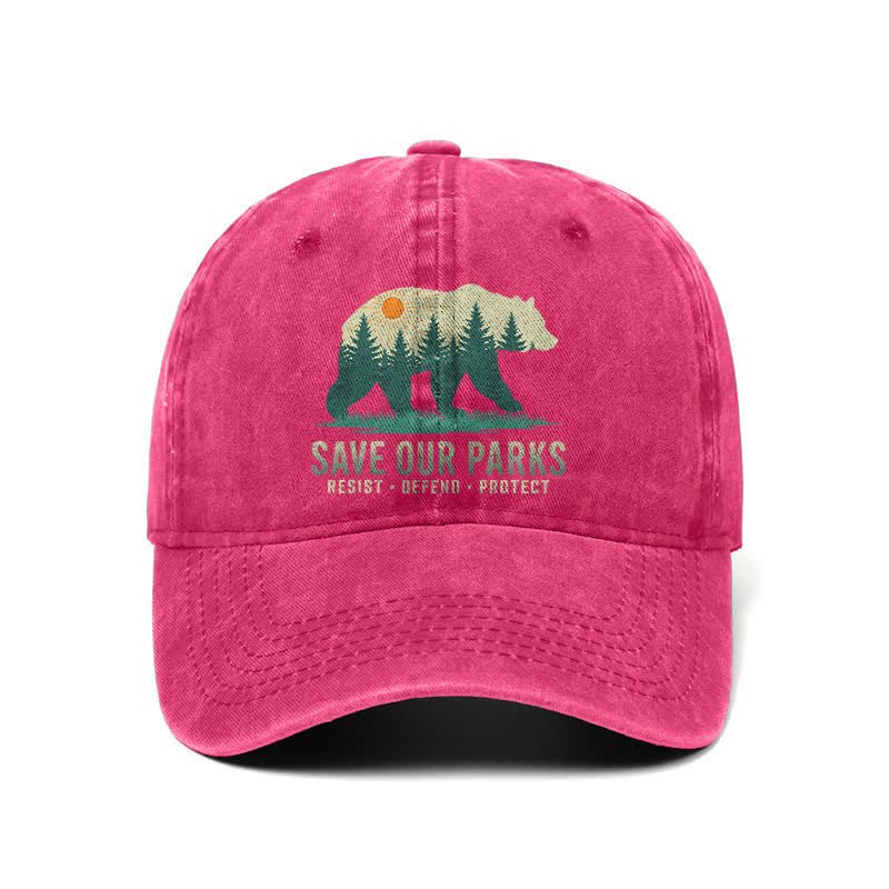 Cappellino da baseball regolabile in denim lavato con scritta "Forest Bear Save Our Parks"