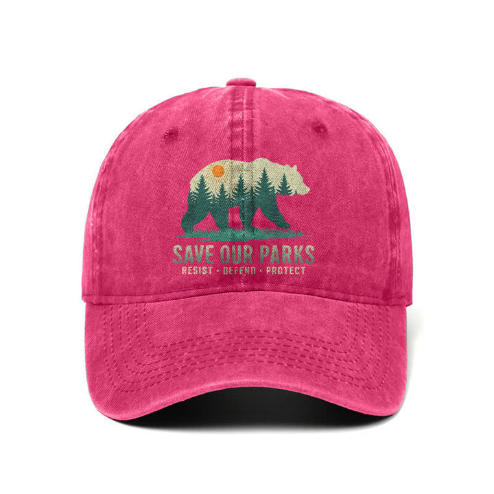 Cappellino da baseball regolabile in denim lavato con scritta "Forest Bear Save Our Parks"