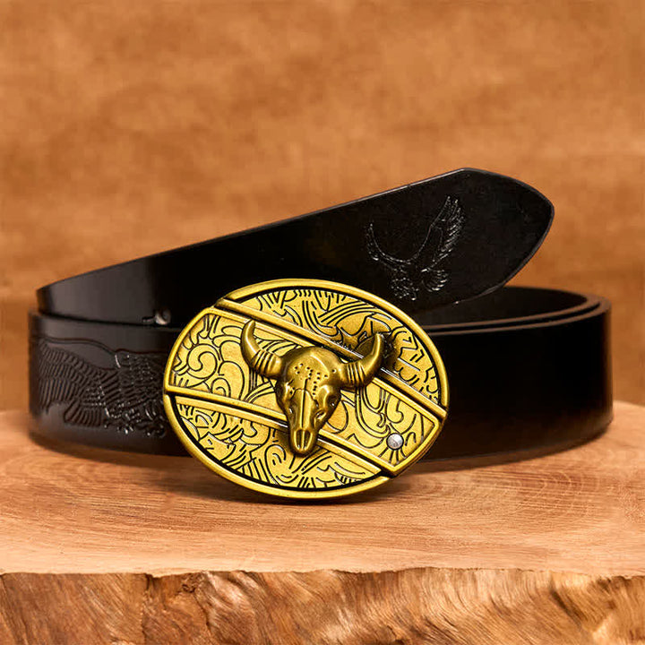 Cintura in pelle con coltello pieghevole nascosto Longhorn Bull in bronzo fai da te da uomo - Toro dalle lunghe corna - Cintura con aquila in rilievo nera - 42 - image 6