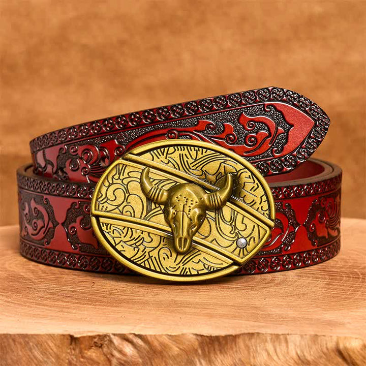 Cintura in pelle con coltello pieghevole nascosto Longhorn Bull in bronzo fai da te da uomo - Toro dalle lunghe corna - Cintura marrone intagliata - 42 - image 8