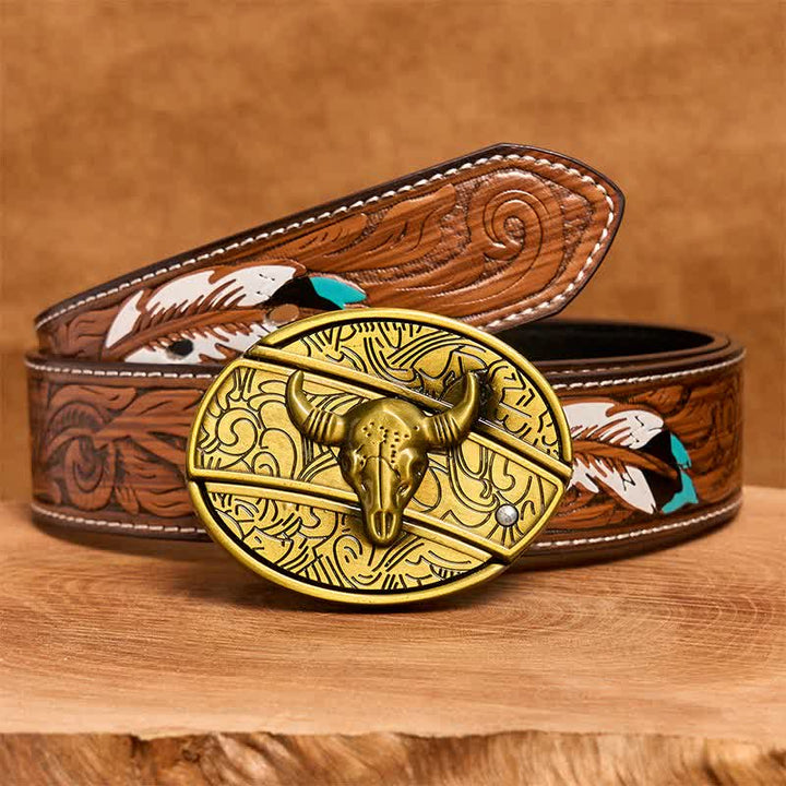 Cintura in pelle con coltello pieghevole nascosto Longhorn Bull in bronzo fai da te da uomo - Toro dalle lunghe corna - Cintura di piume marroni - 40 - image 10