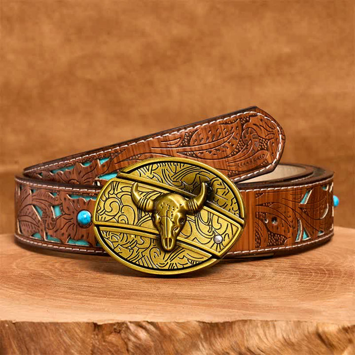 Cintura in pelle con coltello pieghevole nascosto Longhorn Bull in bronzo fai da te da uomo - Toro dalle lunghe corna - Cintura intagliata turchese - 42 - image 6