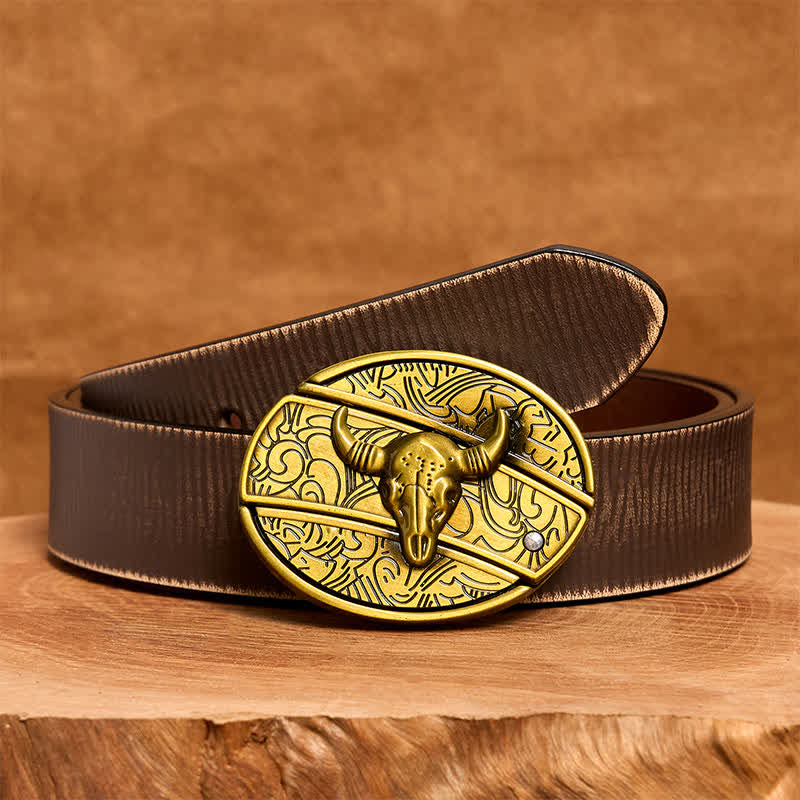 Cintura in pelle con coltello pieghevole nascosto Longhorn Bull in bronzo fai da te da uomo - Toro dalle lunghe corna - Cintura marrone anticata - 42 - image 9