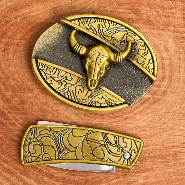 Cintura in pelle con coltello pieghevole nascosto Longhorn Bull in bronzo fai da te da uomo - image 2