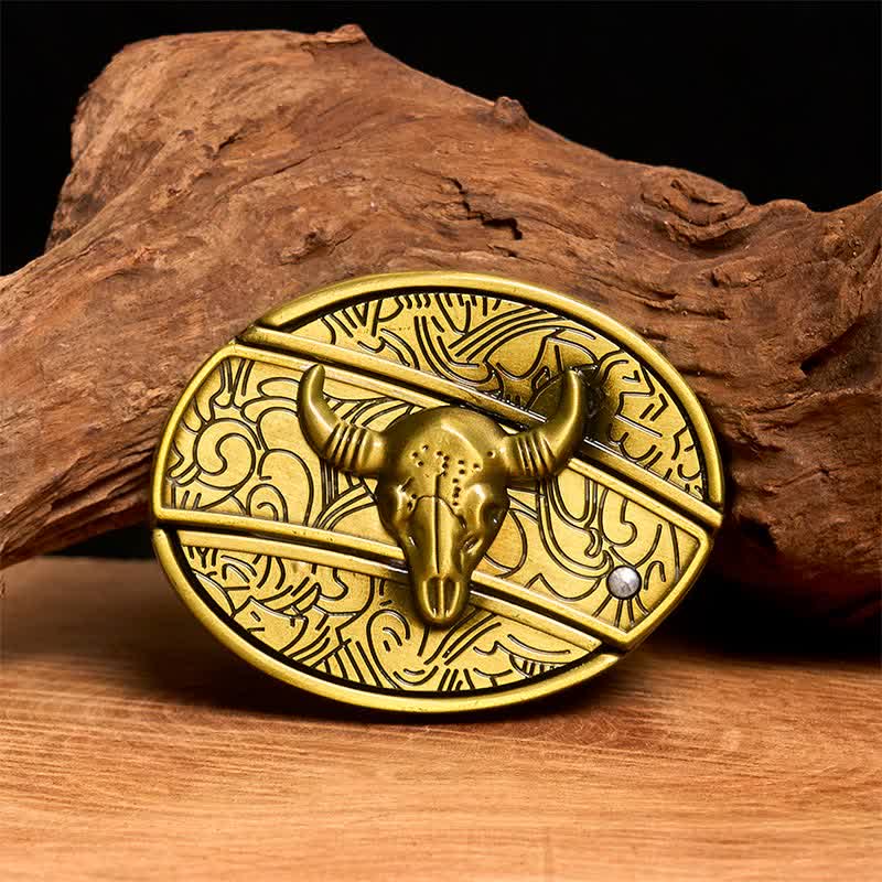 Cintura in pelle con coltello pieghevole nascosto Longhorn Bull in bronzo fai da te da uomo - Toro dalle lunghe corna - Senza cintura - Cintura non inclusa - image 1