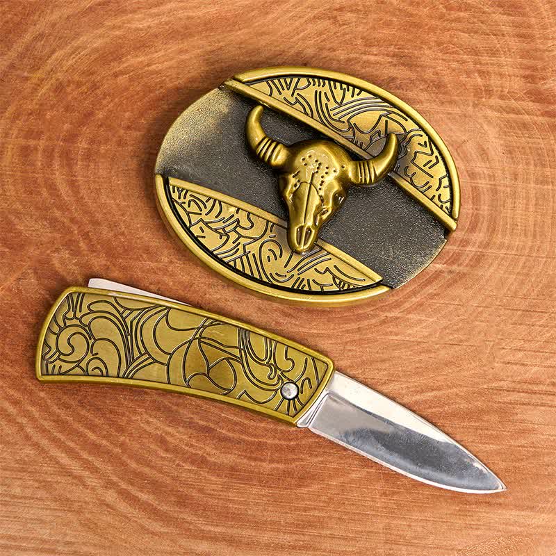 Cintura in pelle con coltello pieghevole nascosto Longhorn Bull in bronzo fai da te da uomo - image 1