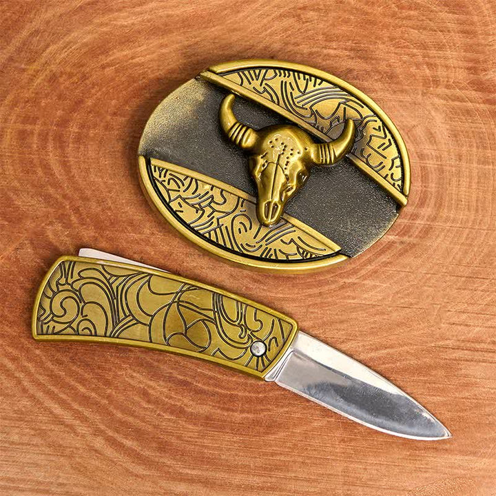 Cintura in pelle con coltello pieghevole nascosto Longhorn Bull in bronzo fai da te da uomo - image 1