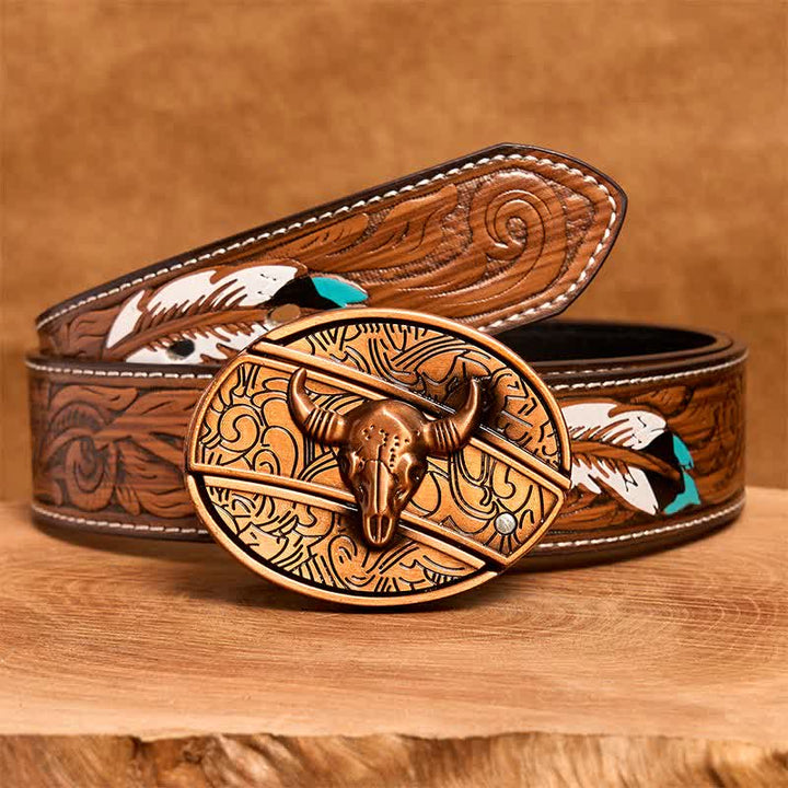 Cintura in pelle con coltello pieghevole nascosto Longhorn Bull in bronzo rosso fai da te da uomo - Toro dalle lunghe corna - Cintura di piume marroni - 40 - image 10