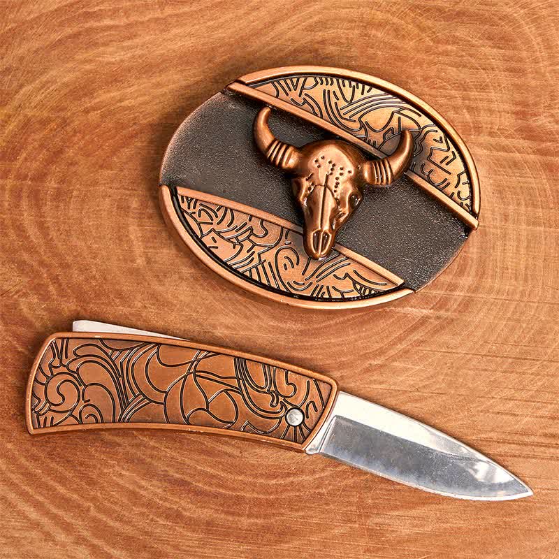 Cintura in pelle con coltello pieghevole nascosto Longhorn Bull in bronzo rosso fai da te da uomo - image 2