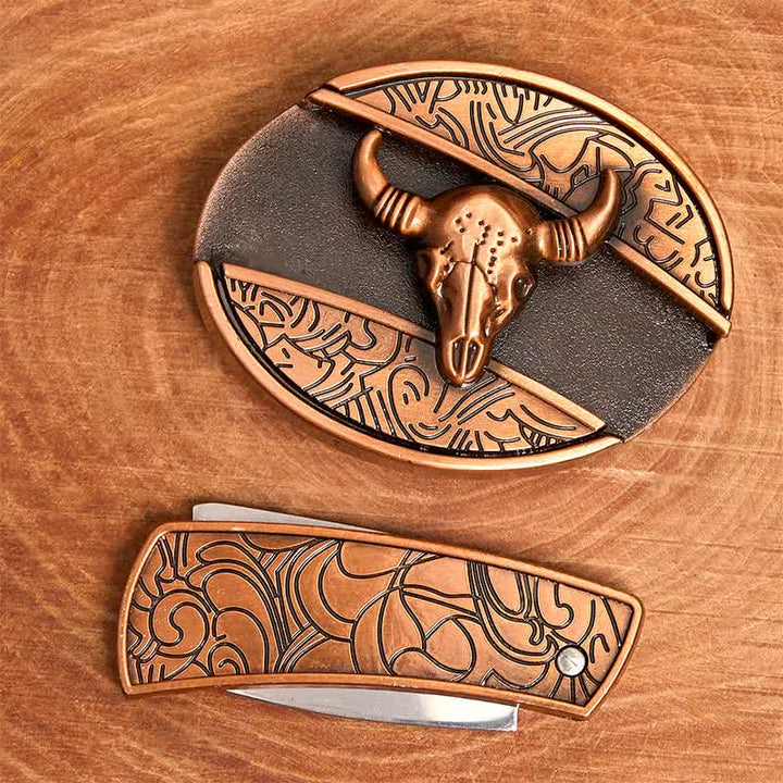 Cintura in pelle con coltello pieghevole nascosto Longhorn Bull in bronzo rosso fai da te da uomo - image 3