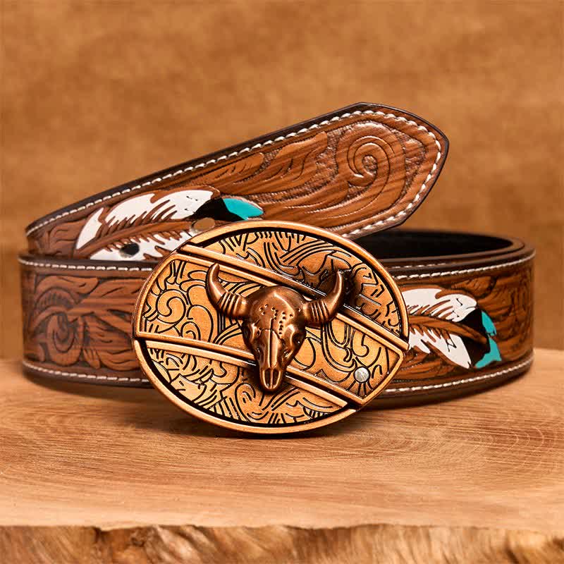 Cintura in pelle con coltello pieghevole nascosto Longhorn Bull in bronzo rosso fai da te da uomo - Toro dalle lunghe corna - Cintura di piume marroni - 40 - image 9