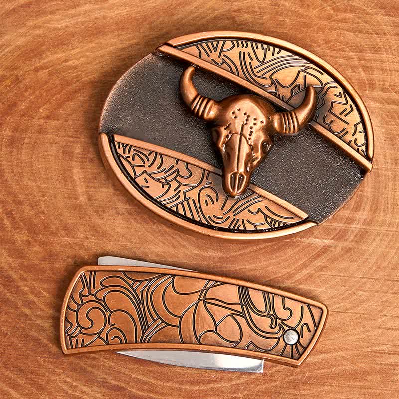 Cintura in pelle con coltello pieghevole nascosto Longhorn Bull in bronzo rosso fai da te da uomo - image 4