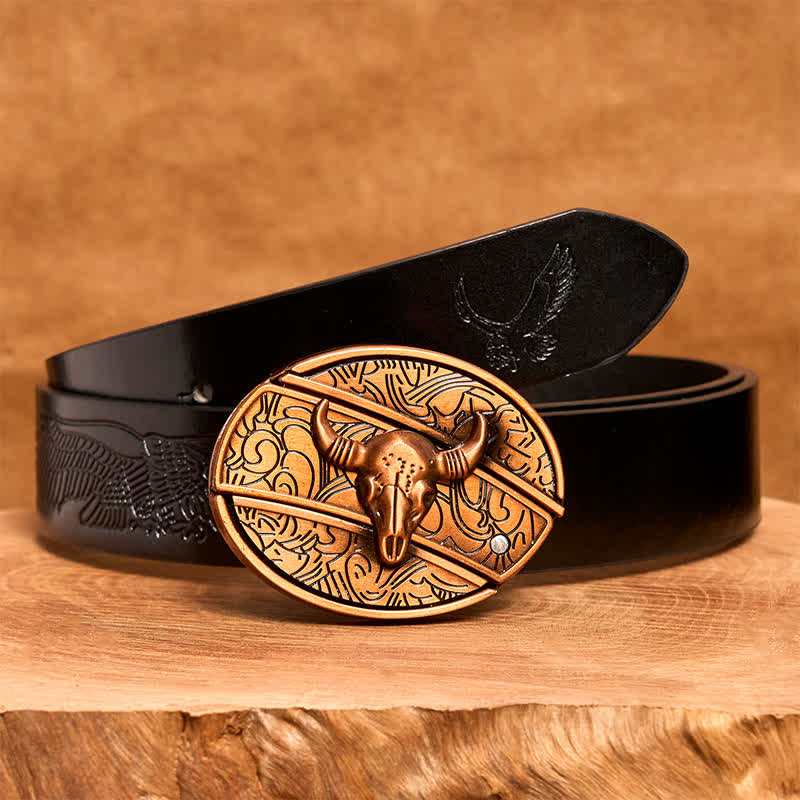 Cintura in pelle con coltello pieghevole nascosto Longhorn Bull in bronzo rosso fai da te da uomo - Toro dalle lunghe corna - Cintura con aquila in rilievo nera - 42 - image 7