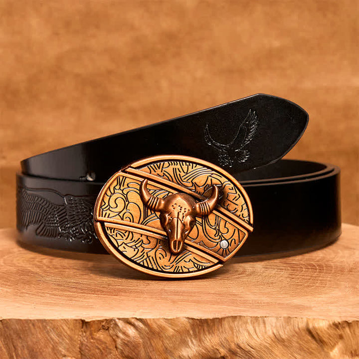Cintura in pelle con coltello pieghevole nascosto Longhorn Bull in bronzo rosso fai da te da uomo - Toro dalle lunghe corna - Cintura con aquila in rilievo nera - 42 - image 7