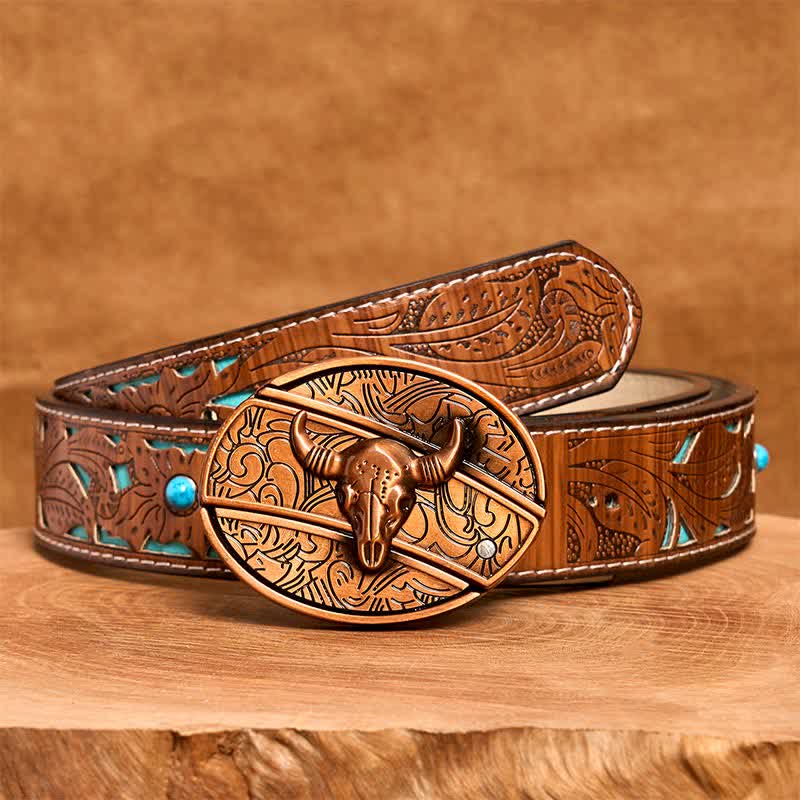 Cintura in pelle con coltello pieghevole nascosto Longhorn Bull in bronzo rosso fai da te da uomo - Toro dalle lunghe corna - Cintura intagliata turchese - 42 - image 6
