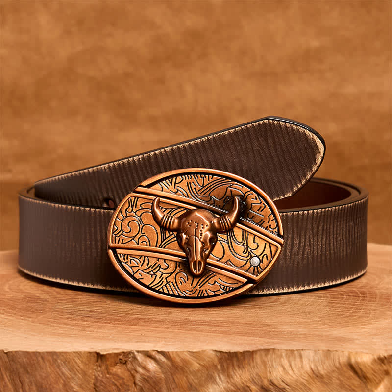 Cintura in pelle con coltello pieghevole nascosto Longhorn Bull in bronzo rosso fai da te da uomo - Toro dalle lunghe corna - Cintura marrone anticata - 42 - image 9
