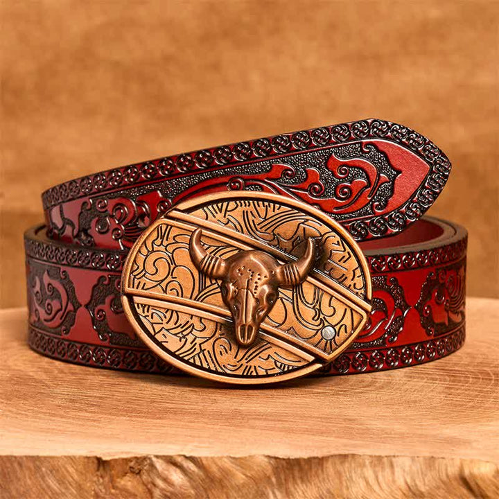 Cintura in pelle con coltello pieghevole nascosto Longhorn Bull in bronzo rosso fai da te da uomo - Toro dalle lunghe corna - Cintura marrone intagliata - 42 - image 8