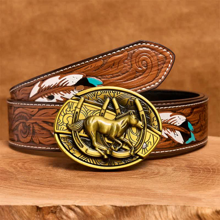 Cintura in pelle con coltello pieghevole nascosto a forma di cavallo al galoppo in bronzo fai da te da uomo - Cavallo al galoppo - Cintura di piume marroni - 40 - image 10