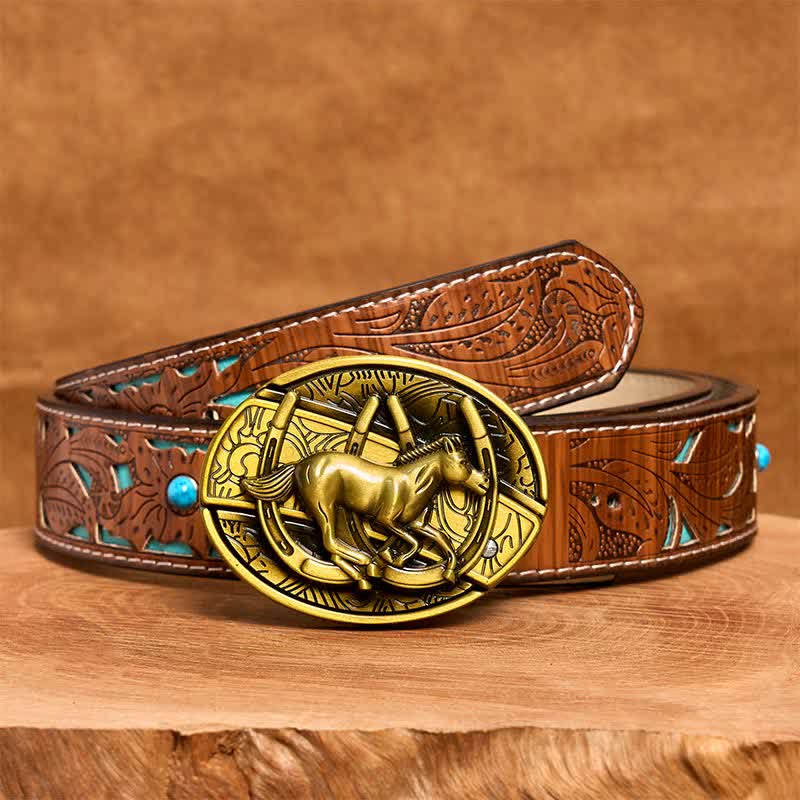 Cintura in pelle con coltello pieghevole nascosto a forma di cavallo al galoppo in bronzo fai da te da uomo - Cavallo al galoppo - Cintura intagliata turchese - 42 - image 5