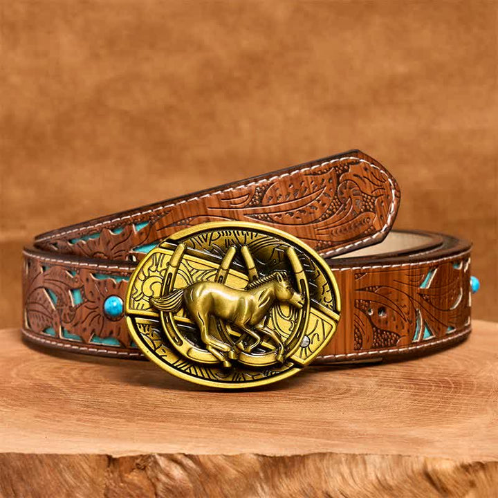 Cintura in pelle con coltello pieghevole nascosto a forma di cavallo al galoppo in bronzo fai da te da uomo - Cavallo al galoppo - Cintura intagliata turchese - 42 - image 5