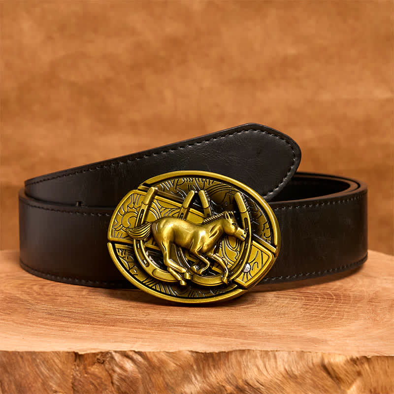 Cintura in pelle con coltello pieghevole nascosto a forma di cavallo al galoppo in bronzo fai da te da uomo - Cavallo al galoppo - Cintura nera in PU - 42 - image 5