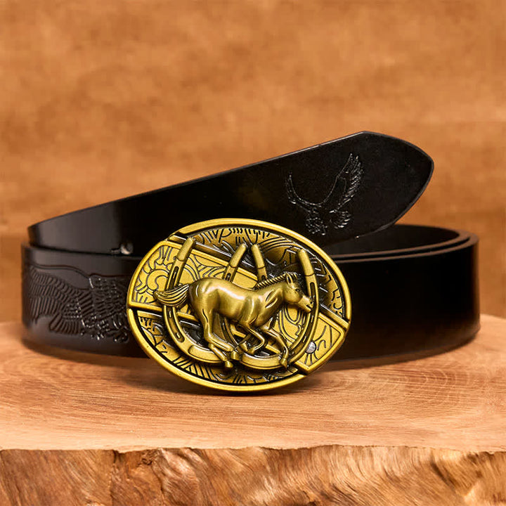 Cintura in pelle con coltello pieghevole nascosto a forma di cavallo al galoppo in bronzo fai da te da uomo - Cavallo al galoppo - Cintura con aquila in rilievo nera - 42 - image 6