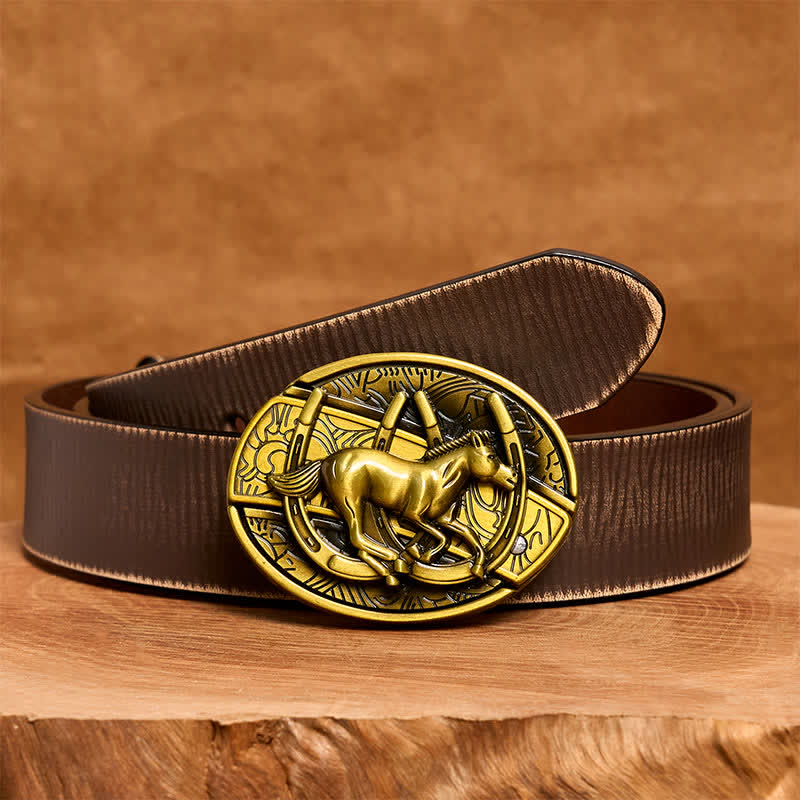 Cintura in pelle con coltello pieghevole nascosto a forma di cavallo al galoppo in bronzo fai da te da uomo - Cavallo al galoppo - Cintura marrone anticata - 42 - image 9